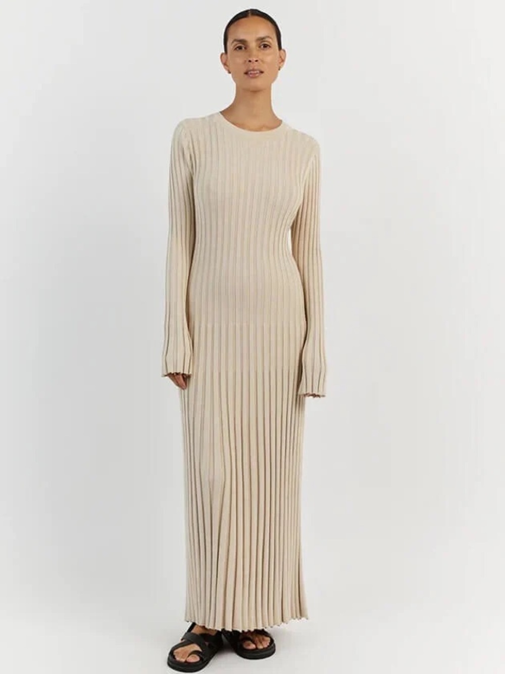 DISSH Cream Ribbed Knit Maxi Dress XL Long Sleeve